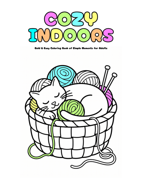 Colorful cover of Cozy Indoors featuring a sleeping cat and yarn